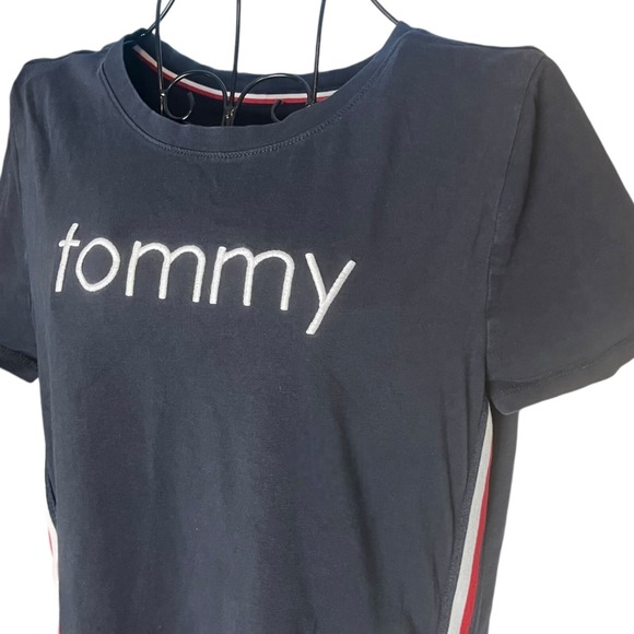 Tommy Hilfiger Navy Blue Logo T-Shirt Mini Dress Red White Side Stripe Small - Picture 2 of 5